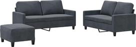 3-TLG. Sofų komplektas su pėdų pufu, tamsiai pilkos spalvos aksomas, minkšta sėdimoji sofa su storai paminkštintomis sėdimojo paviršiaus dalimis ir porankiais, tvirtas rėmas iš faneros ir metalo, universalus pufas