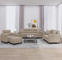 3-TLG. Sofų komplektas su „Taupe“ spalvos pagalvėlėmis iš patvarios mikropluošto medžiagos, patogi 3-TLG. sofa su tvirtu karkasu ir pėdų pufu