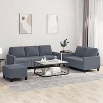 3-TLG. Tamsiai pilkos spalvos aksominis sofų komplektas su dviviete, triviete sofa ir pufu; minkštas baldų komplektas su pagalvėmis, skirtas svetainei, svečių kambariui ir poilsio zonai; patogi sofa su tvirtu metaliniu karkasu