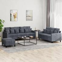 3-TLG. Tamsiai pilkos spalvos aksominis sofų komplektas su dviviete, triviete sofa ir pufu, skirtas svetainei; minkštas baldų komplektas su pagalvėmis, patogi sofa su pufu ir daugialypio naudojimo galimybėmis