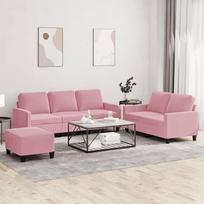 3-TLG. „Rosa Samt“ sofų komplektas su dviviete, triviete sofa, pėdų pufu, minkštų baldų komplektas svetainei, ottomanas, atsipalaidavimo funkcija, gulėjimo funkcija, idealiai tinka svečių kambariui ir poilsio zonai