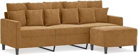 3-vietė aksominė sofa su pėdų pufu, ruda, 180 cm, storai paminkštinta sėdimoji pagalvė, tvirtas faneros ir metalo karkasas, universalus pufas, tinkamas pėdoms atremti arba kaip papildoma sėdimoji vieta