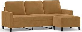 3-vietė aksominė sofa (180 cm) su pufu, ruda, patogi sofa su pufu, storai paminkštinta sėdimoji dalis ir porankiai, tvirtas faneros ir metalo karkasas, universalus pufas