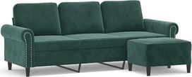 3-vietė aksominė sofa su pufu, tamsiai žalia, 180 cm, storai paminkštinta, su porankiais ir atlošo pagalvėlėmis, tvirtas faneros ir metalo karkasas, universalus pufas
