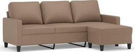 3-vietė dirbtinės odos sofa su pufu, kapučino rudos spalvos, 180 cm, ilgaamžė dirbtinė oda, tvirtas faneros ir metalo karkasas, patogi apmušalų danga, universalus pufas