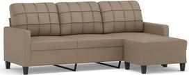 3-vietė dirbtinės odos sofa su pufu, „kapučino“ rudos spalvos, 180 cm, ilgaamžė dirbtinė oda, tvirtas faneros ir metalo karkasas, storai paminkštinta sėdimoji dalis ir porankiai, universali