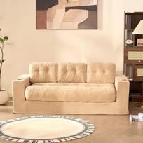 3-vietė grindų sofa, 190 cm, be rėmo, su pagalvėmis, 2 gėrimų laikikliais ir plačiais porankiais, poilsio sofa, skirta svetainei, mažiems butams ir studentams, nereikia surinkti (šviesiai ruda)