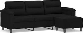 3-vietė sofa su pufu, juoda, 180 cm sofa su pufu iš mikropluošto audinio, storai paminkštinta sofa su porankiais ir atlošo pagalvėlėmis, tvirtas rėmas iš faneros ir metalo,