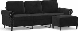 3-vietė sofa su pufu, juoda, 180 cm, aksominė, storai paminkštinta sėdimoji dalis ir porankiai, tvirtas faneros ir metalo karkasas, universalus pufas kaip papildoma