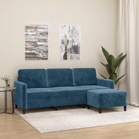 3-vietė sofa su pufu iš patvarios mėlynos spalvos aksomo, 180 cm pločio 3-vietė sofa su pufu, užtikrinanti patogų sėdėjimą