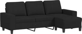 3-vietė sofa su pufu, juoda, 180 cm, audinio apmušalas, storai paminkštintos sėdimosios pagalvėlės, porankiai ir atlošo pagalvėlės, tvirtas faneros ir metalo karkasas, ilgaamžė ir kvėpuojanti,