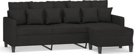 3-vietė sofa su pufu, juoda, 180 cm, apmušta audiniu, stora sėdimoji dalis su porankiais ir atlošo pagalvėlėmis, tvirtas rėmas iš faneros ir metalo, universalus pufas