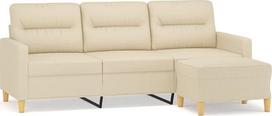 3-vietė sofa su pufu, kreminės spalvos, 180 cm, apmušta audiniu; patogi sofa su pufu, storai paminkštinta sėdimoji dalis ir porankiai; tvirtas rėmas iš faneros ir metalo; universalus pufas