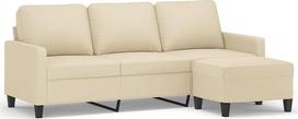3-vietė sofa su pufu, kreminės spalvos, 180 cm, apmušta audiniu; sėdimųjų baldų komplektas su storai paminkštintomis sėdimojo paviršiaus dalimis ir porankiais; tvirtas rėmas iš faneros ir metalo; universalus pufas
