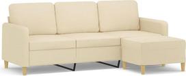 3-vietė sofa su pufu, kreminės spalvos, 180 cm, iš audinio; patogi sofa su pufu, pagaminta iš patvarios medžiagos, storai paminkštinta, su porankiais ir atlošo pagalvėlėmis; tvirtas faneros karkasas
