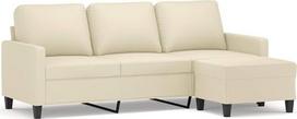 3-vietė sofa su pufu, kreminės spalvos, 180 cm, dirbtinė oda, stora paminkštinta sofa su porankiais ir atlošo pagalvėlėmis, tvirtas faneros ir metalo karkasas, universalus pufas