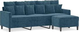 3-vietė sofa su pufu, mėlyna, 180 cm, aksominė, storai paminkštintas sofos ir pufo komplektas su tvirtu faneros ir metalo karkasu, patogios porankės ir atlošo pagalvėlės, universalus