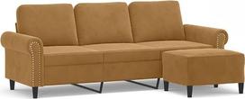 3-vietė sofa su pufu, ruda, 180 cm, aksominė – patogi sofa su pufu, skirta svetainei, su storai paminkštintu sėdimuoju paviršiumi ir porankiais, tvirtu karkasu iš faneros ir metalo,