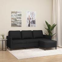 3-vietė sofa su pufu, juoda, 180 cm, dirbtinė oda, baldų komplektas, skirtas svetainei, svečių kambariui, biurui, poilsio zonai; taupanti vietą ir patogi
