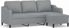 3-vietė sofa su pufu, šviesiai pilkos spalvos, 180 cm, audinio apmušalas – patogi sofa su storai paminkštintomis sėdimojo paviršiaus, porankių ir atlošo pagalvėlėmis, tvirtas rėmas iš faneros ir metalo,