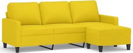 3-vietė sofa su pufu, šviesiai geltona, 180 cm, audinio sofa su storai paminkštintomis sėdimojo paviršiaus dalimis, porankiais ir atlošo pagalvėlėmis, tvirtas faneros ir metalo karkasas, universali