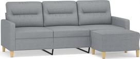 3-vietė sofa su pufu, šviesiai pilkos spalvos, 180 cm, audinio apmušalas – patogi sofa su storai paminkštintomis sėdimojo paviršiaus dalimis, porankiais ir atlošo pagalvėlėmis, tvirtas rėmas iš faneros ir metalo,