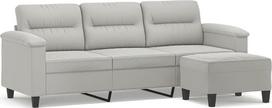 3-vietė sofa su pufu, šviesiai pilkos spalvos, 180 cm, mikropluošto audinys; ilgaamžė mikropluošto sofa su storai paminkštintomis sėdynėmis ir porankiais; tvirtas karkasas iš faneros ir metalo,