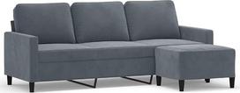 3-vietė sofa su pufu, tamsiai pilkos spalvos aksomas, sofos ir pufo komplektas, 180 cm pločio, tvirtas faneros ir metalo karkasas, storai paminkštintos sėdimosios dalies ir atlošo pagalvėlės, universali
