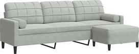 3-vietė sofa su pufu, šviesiai pilkos spalvos aksomo apmušalais, 210 cm pločio sofa su metaliniu karkasu ir storai paminkštintomis sėdimojo paviršiaus dalimis, porankiais bei atlošo pagalvėlėmis, užtikrinančiomis patogų sėdėjimą, universali