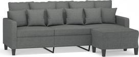 3-vietė sofa su pufu, tamsiai pilkos spalvos audinio apmušalai, 180 cm, storai paminkštinta, su porankiais ir atlošo pagalvėlėmis, tvirtas faneros ir metalo karkasas, universalus pufas