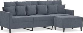 3-vietė sofa su pufu, tamsiai pilkos spalvos, 180 cm, aksominė – patogus sofų komplektas su storai paminkštintomis sėdimojo paviršiaus, porankių ir atlošo pagalvėlėmis, tvirtas rėmas iš faneros ir metalo,