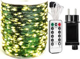 30 m LED girlianda, žalia varinė viela, 300 LED lempučių, šilta balta šviesa, atspari vandeniui, skirta naudoti lauke, nematoma tarp augalų, su nuotolinio valdymo pultu ir 8 režimais, skirta Kalėdų eglutei, terasai, sodui
