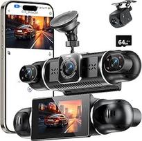 360° prietaisų skydelio kamera automobilio priekinė galinė 4K/1080P, 4 kanalų prietaisų skydelio kamera su 64GB SD kortele, 3 colių IPS ekranas, 4 x 140° platus kampas, WDR naktinis matymas (8 IR šviesos diodai), G jutiklis, 24/7 parkavimo režimas, kilpa