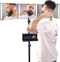 360° veidrodis su trikoju stovu, 4 LED lemputėmis, 3 kryptimis pasukamu trigubu veidrodžiu ir lentynėle | Trikojis stovas iki 6,6 colių + adapteris + 3 kryptimis pasukamas sulankstomas veidrodis su 4 įkraunamomis LED lemputėmis + lentynėlė