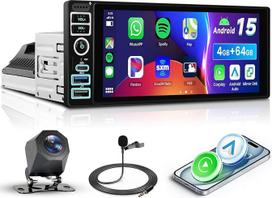 4 + 64G VECHTEL 6,9 colių automobilinis radijo imtuvas 1 DIN su "Carplay" "Android" belaidžiu automobiliu, "Android 15", EQ DSP, FM/RDS radijas su IPS ekranu, "WiFi" GPS, 2 USB/Type-C, "Bluetooth" automobilinis radijo imtuvas su atbulinės eigos kamera/vai