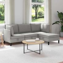 4 dalių svetainės baldų komplektas, šviesiai pilkos spalvos audinio sofa, kampinė sofa, minkštųjų baldų komplektas su pufu ir miego funkcija, išskleidžiama su lovos dėže, skirta svetainei, svečių kambariui ar poilsio zonai