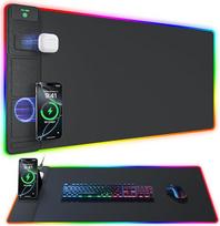 4 in 1 belaidžio įkrovimo pelės kilimėlis su telefono stovu, 800 x 400 didelis RGB žaidimų pelės kilimėlis, 24 šviesos efektai, neslystantis pagrindas, vandeniui atsparus itin lygus paviršius, su "Adatper