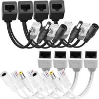 4 kanalų pasyvusis PoE maitinimo įrenginys ir skirstytuvas su RJ45 Ethernet prievadu ir 5,5 × 2,1 mm nuolatinės srovės jungtimi, juodos ir baltos spalvos