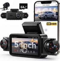 4 kanalų automobilinė kamera, 360° vaizdo fiksavimas, priekinis ir galinis vaizdas, 4K + 1080P, 5 colių IPS ekranas, automobilinė kamera su „Wi-Fi“, nemokama 64GB kortelė, 8 infraraudonųjų spindulių lemputės naktiniam matymui, G jutiklis, ciklinis įrašym