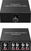 4 padėčių stereo garso perjungiklis, dvikryptis L/R stereo garso perjungimas, skirtas „Blu-ray“ arba DVD grotuvams prijungti prie kelių stereo garsiakalbių (4 įėjimai – 1 išėjimas / 1" – 4 išėjimai)
