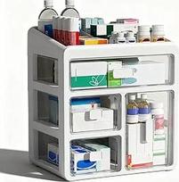 4 pakopų namų vaistų spintelės organizatorius, medicininė talpykla su skaidriu stalčiumi, vaistų laikymo vieta, skirta vaistams, smulkiai kosmetikai (balta)