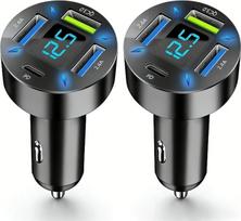 4 prievadų USB-C automobilinis įkroviklis, cigarečių degiklio adapteris, 50 W QC3.0, PD greitasis įkroviklis su LED voltmetru, 12 V USB lizdas, suderinamas su „iPhone“, „Android“, „Samsung“, planšetėmis ir visais išmaniaisiais telefonais (2) (2 vnt.)