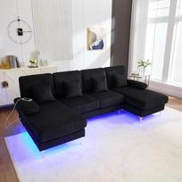 4 vietų kampinė sofa „U“ formos su USB, LED apšvietimu ir pagalvėlėmis | Minkšta sofa „F“ formos su pufu, masyvio medžio rėmu, skirta svetainei, aksominė