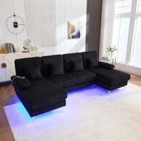4 vietų „U“ formos sofa-lova su LED apšvietimu, USB-C jungtimi ir 4 pagalvėlėmis; sofa-lova, skirta svetainei ir miegamajam, juodos spalvos aksominė