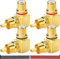 4 vnt. RCA kampinis adapteris, 90° alkūnė, RCA „vyriškas“ į RCA „moterišką“, imituotas auksinis padengimas, kampinis jungties adapteris su kabelinėmis juostelėmis, skirtas namų kinui