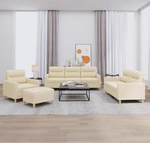 4-TLG. Minkštųjų baldų komplektas su kampine sofa ir atlošiamu foteliu, apmuštu kreminės spalvos audiniu, su miego funkcija, pufu, daiktų laikymo vieta, atsipalaidavimo funkcija; modernus sprendimas svetainei, svečių kambariui, paauglių kambariui, biurui