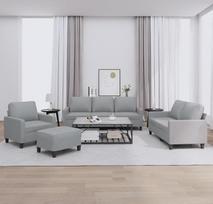 4-TLG. Minkštųjų baldų komplektas su pagalvėmis, šviesiai pilkos spalvos audiniu, svetainės komplektas, išskleidžiama miegamoji sofa, kampinė sofa, poilsio zona, svečių lova, taupanti vietą