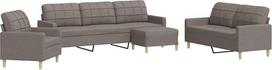 4-TLG. „Taupe“ spalvos sofų komplektas su pėdų pufu, poliesterio audinys, metalinis rėmas, storai paminkštintos sėdimosios dalys ir porankiai, patogi sofa su pufu, skirta svetainei, maks. 110 kg vienam