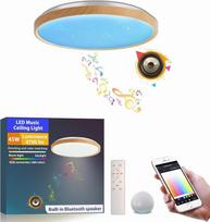 40 cm MW LED muzikinis lubų šviestuvas, medžio tekstūros efektą turintis gaubtas, suderinamas su „Alexa“, įmontuotas „Bluetooth“ garsiakalbis, RGB apšvietimo efektas, reguliuojamas apšvietimo intensyvumas, su nuotolinio valdymo pultu