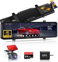 4K + 2,5K vaizdo registratorius su veidrodžiu ir galinio vaizdo kamera – 12 colių veidrodinis priekinis ir galinis automobilinis vaizdo registratorius su GPS ir 64 G SD kortele, WDR, ciklinio įrašymo funkcija ir G-jutikliu